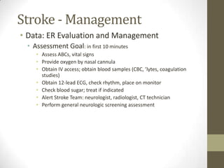 Stroke - ManagementData: ER Evaluation and ManagementAssessment Goal: in first 10 minutesAssess ABCs, vital signsProvide oxygen by nasal cannulaObtain IV access; obtain blood samples (CBC, ’lytes, coagulation studies)Obtain 12-lead ECG, check rhythm, place on monitorCheck blood sugar; treat if indicatedAlert Stroke Team: neurologist, radiologist, CT technicianPerform general neurologic screening assessment