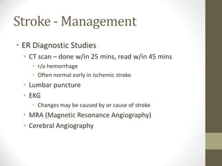 Stroke - ManagementER Diagnostic StudiesCT scan – done w/in 25 mins, read w/in 45 minsr/o hemorrhageOften normal early in ischemic strokeLumbar punctureEKGChanges may be caused by or cause of strokeMRA (Magnetic Resonance Angiography)Cerebral Angiography