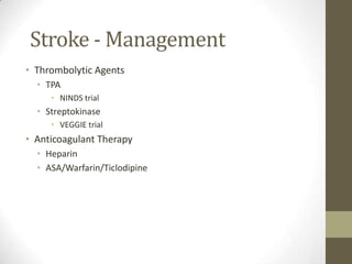 Stroke - ManagementContraindications for Interventional Therapy (cont.)Relative	Patient comatose	>85 years old	Diabetic hemorrhagic retinopathy or other opthalmic hemorrhagic disorder	Advanced liver or kidney disease	Other pathology with a propensity for bleeding	Infectiouse endocarditis	Severe EKG disturbance, uncontrolled angina or acute MI