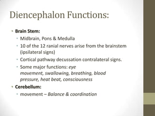 Diencephalon Functions:Brain Stem:Midbrain, Pons & Medulla10 of the 12 ranial nerves arise from the brainstem (ipsilateral signs)Cortical pathway decussation contralateral signs.Some major functions: eye movement, swallowing, breathing, blood pressure, heat beat, consciousnessCerebellum:movement – Balance & coordination