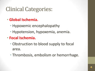 Clinical Categories:Global Ischemia.Hypoxemic encephalopathyHypotension, hypoxemia, anemia.Focal Ischemia.Obstruction to blood supply to focal area.Thrombosis, embolism or hemorrhage.