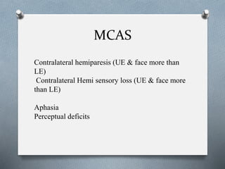 MCAS
Contralateral hemiparesis (UE & face more than
LE)
Contralateral Hemi sensory loss (UE & face more
than LE)
Aphasia
Perceptual deficits
 