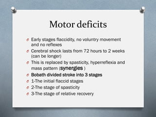 Motor deficits
O Early stages flaccidity, no voluntry movement
and no reflexes
O Cerebral shock lasts from 72 hours to 2 weeks
(can be longer)
O This is replaced by spasticity, hyperreflexia and
mass pattern (synergies )
O Bobath divided stroke into 3 stages
O 1-The initial flaccid stages
O 2-The stage of spasticity
O 3-The stage of relative recovery
 