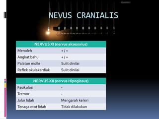 NEVUS CRANIALIS
NERVUS XI (nervus aksesorius)
Menoleh + / +
Angkat bahu + / +
Palatun molle Sulit dinilai
Reflek okulakardiak Sulit dinilai
NERVUS XII (nervus Hipoglosus)
Fasikulasi -
Tremor -
Julur lidah Mengarah ke kiri
Tenaga otot lidah Tidak dilakukan
 
