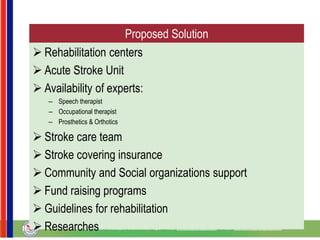 Proposed Solution
 Rehabilitation centers
 Acute Stroke Unit
 Availability of experts:
– Speech therapist
– Occupational therapist
– Prosthetics & Orthotics
 Stroke care team
 Stroke covering insurance
 Community and Social organizations support
 Fund raising programs
 Guidelines for rehabilitation
 Researches
 