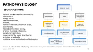 PATHOPHYSIOLOGY
CIRCLE OF WILLIS
Atherosclerosis
Constriction of
Vascular
Arteries
Thrombotic stroke
Ischemic
stroke(↓O2supply to
the brain)
Stress
Necrosis
Loss of neuronal
function
stress /internal
injury in brain
tissue.
Ruptured
blood vessel
Infarction
Hemorrhagic stroke
10
Ischemic stroke may also be caused by
inflammation,
energy failure,
loss of homeostasis,
acidosis,
increased intracellular calcium levels,
excitotoxicity,
free radical-mediated toxicity,
cytokine-mediated cytotoxicity,
complement activation,
impairment of the blood–brain barrier,
activation of glial cells,
oxidative stress and infiltration of leukocytes.
Kuriakose, D., & Xiao, Z. (2020). Pathophysiology and treatment of stroke: present status and future perspectives. International journal of molecular
sciences, 21(20), 7609.
ISCHEMIC STROKE
 