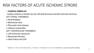 RISK FACTORS OF ACUTE ISCHEMIC STROKE
• CARDIAC EMBOLUS
Cardiac embolus is divided into two: left atrial thrombus and left ventricular thrombus
LEFT ATRIAL THROMBUS
 Atrial fibrillation
 Mechanical valve
 Rheumatic heart disease
 Infection endocarditis
LEFT VENTRICULAR THROMBUS
 Left ventricular aneurysms
 Myocardial infarction
 Heart Failure and CHF
17
González, R. G. (2011). Acute ischemic stroke. J. A. Hirsch, W. J. Koroshetz, M. H. Lev, & P. W. Schaefer (Eds.). Springer-Verlag Berlin Heidelberg.
 