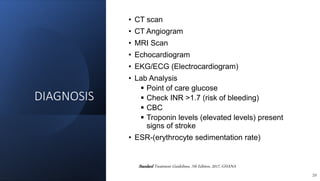 DIAGNOSIS
• CT scan
• CT Angiogram
• MRI Scan
• Echocardiogram
• EKG/ECG (Electrocardiogram)
• Lab Analysis
 Point of care glucose
 Check INR >1.7 (risk of bleeding)
 CBC
 Troponin levels (elevated levels) present
signs of stroke
• ESR-(erythrocyte sedimentation rate)
20
Standard Treatment Guidelines, 7th Edition, 2017, GHANA
 