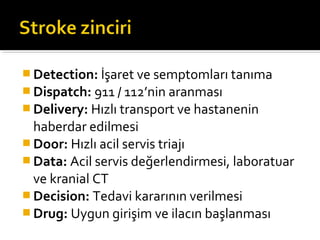  Detection: İşaret ve semptomları tanıma
 Dispatch: 911 / 112’nin aranması
 Delivery: Hızlı transport ve hastanenin
  haberdar edilmesi
 Door: Hızlı acil servis triajı
 Data: Acil servis değerlendirmesi, laboratuar
  ve kranial CT
 Decision: Tedavi kararının verilmesi
 Drug: Uygun girişim ve ilacın başlanması
 
