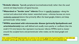 Embolic infarcts: Typically peripheral (cortical/subcortical) rather than the usual
central and deep location of typical lacunae.
Watershed or "border zone" infarcts: Occur in specific locations—along the
cortical and subcortical white matter watershed zones—whereas lacunae are more
randomly scattered lesions that primarily affect the basal ganglia, thalami, and deep
periventricular white matter.
WMHs associated with microvascular disease (primarily lipohyalinosis and
arteriolosclerosis): Less well defined and usually more patchy or confluent than the
small (<15 mm) lesions that represent true lacunar infarcts.WMHs tend to cluster
around the occipital horns and periventricular white matter, not the basal ganglia and
thalami.
A few scatteredT2/FLAIR hyperintensities are common in the normal aging brain.A general guideline is "one white spot
per decade" until the age of 50, after which the number and size ofWMHs increase at accelerated rates.
 