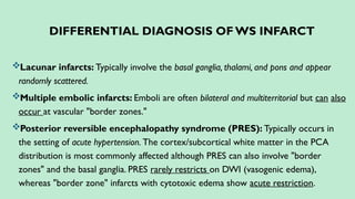 DIFFERENTIAL DIAGNOSIS OF WS INFARCT
Lacunar infarcts: Typically involve the basal ganglia, thalami, and pons and appear
randomly scattered.
Multiple embolic infarcts: Emboli are often bilateral and multiterritorial but can also
occur at vascular "border zones."
Posterior reversible encephalopathy syndrome (PRES): Typically occurs in
the setting of acute hypertension. The cortex/subcortical white matter in the PCA
distribution is most commonly affected although PRES can also involve "border
zones" and the basal ganglia. PRES rarely restricts on DWI (vasogenic edema),
whereas "border zone" infarcts with cytotoxic edema show acute restriction.
 
