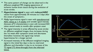  This same pattern of change can be observed in the
diffusion-weighted MR imaging appearance of
ischemic human brain tissue during the evolution of
acute stroke.
 Hyperintense signal is seen with reduced ADC
values from approximately 30 minutes to 5 days after
the onset of symptoms ;
 Mildly hyperintense signal is seen with pseudonormal
ADC values at 1–4 weeks; and variable signal intensity
(because ofT2 characteristics) is seen with increased ADC
values several weeks to months after symptom onset
 The signal intensity in areas affected by acute stroke
on diffusion-weighted images, thus, increases during
the 1st week after symptom onset and decreases
thereafter; however, the signal may remain
hyperintense for a longer period.
 Increased intensity of the diffusion-weighted imaging
signal in the initial few days is due to restricted
diffusion and thereafter is due to an increase of the
T2 signal (T2 shine-through) from the infarcted
tissue.
 