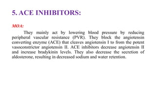 5. ACE INHIBITORS:
MOA:
They mainly act by lowering blood pressure by reducing
peripheral vascular resistance (PVR). They block the angiotensin
converting enzyme (ACE) that cleaves angiotensin I to from the potent
vasoconstrictor angiotensin II. ACE inhibitors decrease angiotensin II
and increase bradykinin levels. They also decrease the secretion of
aldosterone, resulting in decreased sodium and water retention.
 
