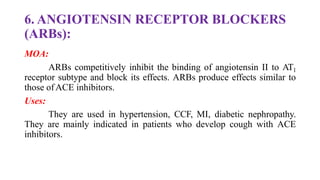6. ANGIOTENSIN RECEPTOR BLOCKERS
(ARBs):
MOA:
ARBs competitively inhibit the binding of angiotensin II to AT1
receptor subtype and block its effects. ARBs produce effects similar to
those ofACE inhibitors.
Uses:
They are used in hypertension, CCF, MI, diabetic nephropathy.
They are mainly indicated in patients who develop cough with ACE
inhibitors.
 