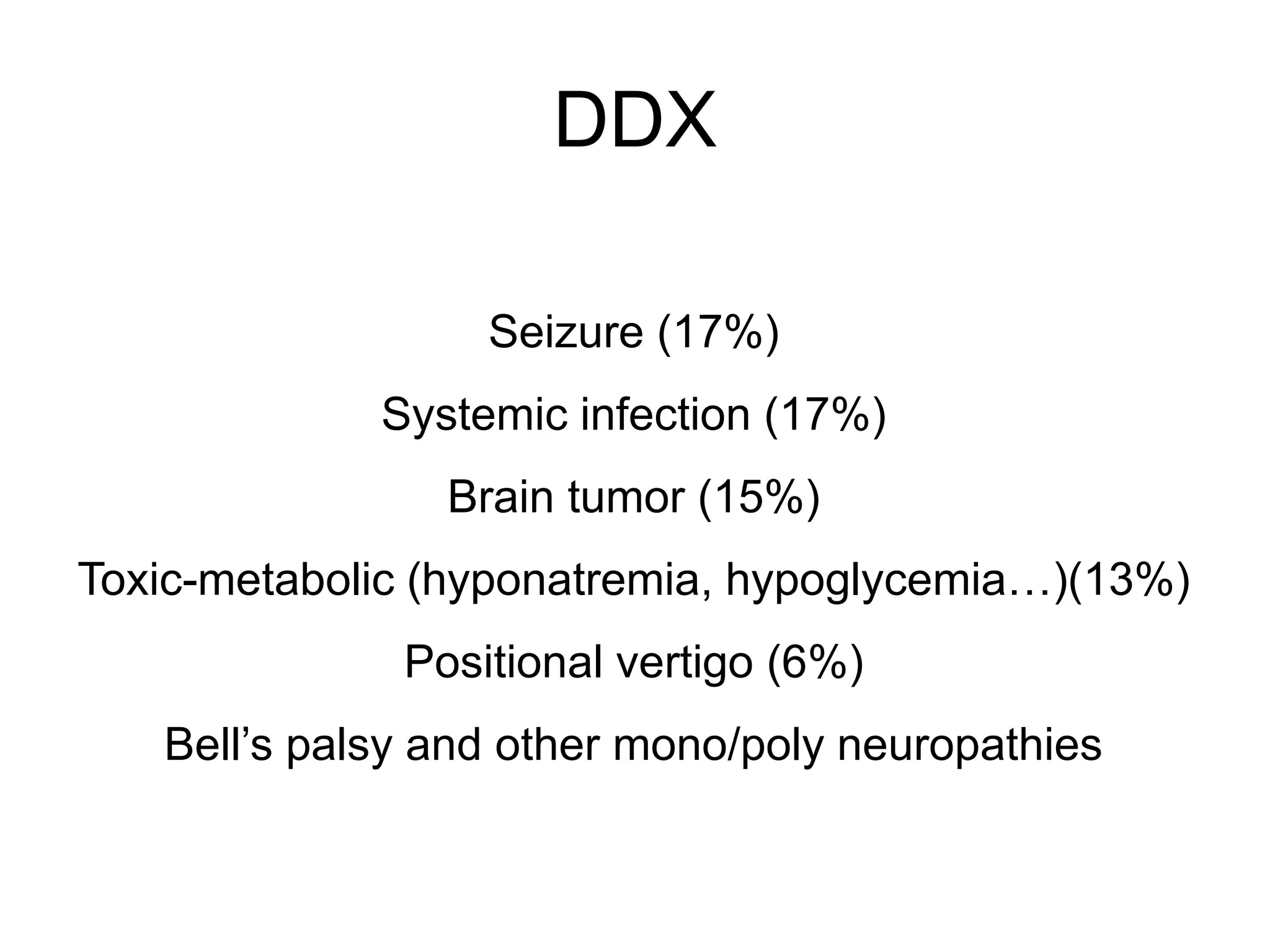 DDX
Seizure (17%)
Systemic infection (17%)
Brain tumor (15%)
Toxic-metabolic (hyponatremia, hypoglycemia…)(13%)
Positional vertigo (6%)
Bell’s palsy and other mono/poly neuropathies
 