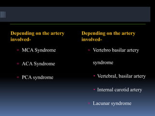 Depending on the artery
involved-
Depending on the artery
involved-
 MCA Syndrome
 ACA Syndrome
 PCA syndrome
 Vertebro basilar artery
syndrome
 Vertebral, basilar artery
 Internal carotid artery
 Lacunar syndrome
 