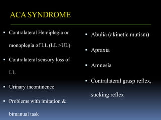 ACASYNDROME
 Contralateral Hemiplegia or
monoplegia of LL (LL >UL)
 Contralateral sensory loss of
LL
 Urinary incontinence
 Problems with imitation &
bimanual task
 Abulia (akinetic mutism)
 Apraxia
 Amnesia
 Contralateral grasp reflex,
sucking reflex
 