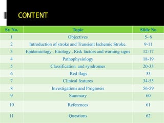 CONTENT
Sr. No. Topic Slide No
1 Objectives 5- 6
2 Introduction of stroke and Transient Ischemic Stroke. 9-11
3 Epidemiology , Etiology , Risk factors and warning signs 12-17
4 Pathophysiology 18-19
5 Classification and syndromes 20-33
6 Red flags 33
7 Clinical features 34-55
8 Investigations and Prognosis 56-59
9 Summary 60
10 References 61
11 Questions 62
 