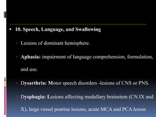  10. Speech, Language, and Swallowing
 Lesions of dominant hemisphere.
 Aphasia: impairment of language comprehension, formulation,
and use.
 Dysarthria: Motor speech disorders -lesions of CNS or PNS.
 Dysphagia: Lesions affecting medullary brainstem (CN IX and
X), large vessel pontine lesions, acute MCA and PCA lesion
 