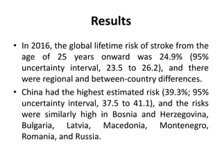 Results
• In 2016, the global lifetime risk of stroke from the
age of 25 years onward was 24.9% (95%
uncertainty interval, 23.5 to 26.2), and there
were regional and between-country differences.
• China had the highest estimated risk (39.3%; 95%
uncertainty interval, 37.5 to 41.1), and the risks
were similarly high in Bosnia and Herzegovina,
Bulgaria, Latvia, Macedonia, Montenegro,
Romania, and Russia.
 