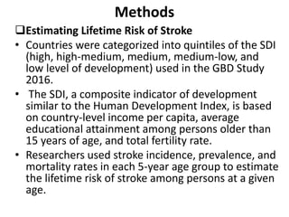 Methods
Estimating Lifetime Risk of Stroke
• Countries were categorized into quintiles of the SDI
(high, high-medium, medium, medium-low, and
low level of development) used in the GBD Study
2016.
• The SDI, a composite indicator of development
similar to the Human Development Index, is based
on country-level income per capita, average
educational attainment among persons older than
15 years of age, and total fertility rate.
• Researchers used stroke incidence, prevalence, and
mortality rates in each 5-year age group to estimate
the lifetime risk of stroke among persons at a given
age.
 