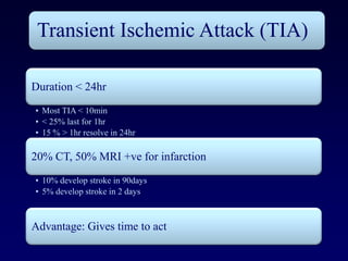 Transient Ischemic Attack (TIA)

Duration < 24hr
• Most TIA < 10min
• < 25% last for 1hr
• 15 % > 1hr resolve in 24hr

20% CT, 50% MRI +ve for infarction
• 10% develop stroke in 90days
• 5% develop stroke in 2 days



Advantage: Gives time to act
 