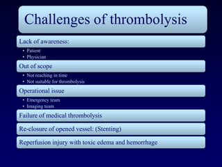 Challenges of thrombolysis
Lack of awareness:
 • Patient
 • Physician
Out of scope
 • Not reaching in time
 • Not suitable for thrombolysis
Operational issue
 • Emergency team
 • Imaging team
Failure of medical thrombolysis

Re-closure of opened vessel: (Stenting)

Reperfusion injury with toxic edema and hemorrhage
 