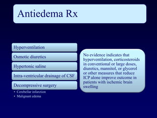 Antiedema Rx


Hyperventilation

Osmotic diuretics                   No evidence indicates that
                                    hyperventilation, corticosteroids
                                    in conventional or large doses,
Hypertonic saline                   diuretics, mannitol, or glycerol
                                    or other measures that reduce
Intra-ventricular drainage of CSF   ICP alone improve outcome in
                                    patients with ischemic brain
Decompressive surgery               swelling
• Cerebellar infarction
• Malignant edema
 