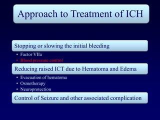 Approach to Treatment of ICH

Stopping or slowing the initial bleeding
• Factor VIIa
• Blood pressure control
Reducing raised ICT due to Hematoma and Edema
• Evacuation of hematoma
• Osmotherapy
• Neuroprotection
Control of Seizure and other associated complication
 