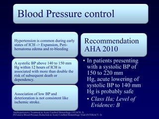 Blood Pressure control

Hypertension is common during early
states of ICH -> Expansion, Peri-
                                       Recommendation
hematoma edema and re-bleeding         AHA 2010
A systolic BP above 140 to 150 mm
                                       • In patients presenting
Hg within 12 hours of ICH is             with a systolic BP of
associated with more than double the
risk of subsequent death or
                                         150 to 220 mm
dependency.                              Hg, acute lowering of
                                         systolic BP to 140 mm
Association of low BP and                Hg is probably safe
deterioration is not consistent like
ischemic stroke.
                                         • Class IIa; Level of
                                           Evidence: B
 