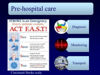 Pre-hospital care

                          Diagnosis




                          Monitoring




                          Transport

Cincinnati Stroke scale
 