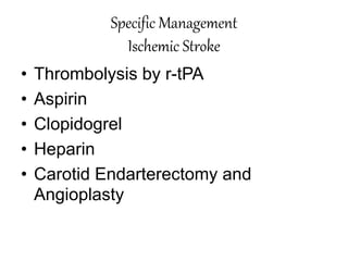 Specific Management
Ischemic Stroke
• Thrombolysis by r-tPA
• Aspirin
• Clopidogrel
• Heparin
• Carotid Endarterectomy and
Angioplasty
 
