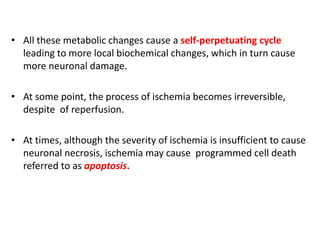 • All these metabolic changes cause a self-perpetuating cycle
leading to more local biochemical changes, which in turn cause
more neuronal damage.
• At some point, the process of ischemia becomes irreversible,
despite of reperfusion.
• At times, although the severity of ischemia is insufficient to cause
neuronal necrosis, ischemia may cause programmed cell death
referred to as apoptosis.
 