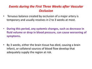 Events during the First Three Weeks after Vascular
Occlusion
• Tenuous balance created by occlusion of a major artery is
temporary and usually resolves in 2 to 3 weeks at most.
• During this period, any systemic changes, such as decrease in
fluid volume or drop in blood pressure, can cause worsening of
symptoms.
• By 3 weeks, either the brain tissue has died, causing a brain
infarct, or collateral sources of blood flow develop that
adequately supply the region at risk.
 