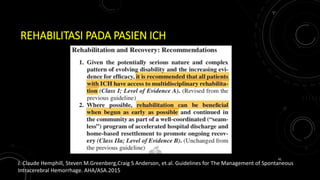 REHABILITASI PADA PASIEN ICH
J. Claude Hemphill, Steven M.Greenberg,Craig S Anderson, et.al. Guidelines for The Management of Spontaneous
Intracerebral Hemorrhage. AHA/ASA.2015
41
 