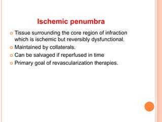  Tissue surrounding the core region of infraction
which is ischemic but reversibly dysfunctional.
 Maintained by collaterals.
 Can be salvaged if reperfused in time
 Primary goal of revascularization therapies.
Ischemic penumbra
 