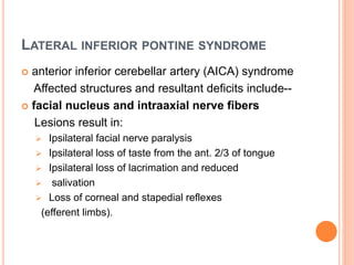 LATERAL INFERIOR PONTINE SYNDROME
 anterior inferior cerebellar artery (AICA) syndrome
Affected structures and resultant deficits include--
 facial nucleus and intraaxial nerve fibers
Lesions result in:
 Ipsilateral facial nerve paralysis
 Ipsilateral loss of taste from the ant. 2/3 of tongue
 Ipsilateral loss of lacrimation and reduced
 salivation
 Loss of corneal and stapedial reflexes
(efferent limbs).
 