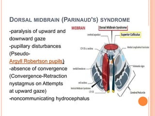 DORSAL MIDBRAIN (PARINAUD'S) SYNDROME
-paralysis of upward and
downward gaze
-pupillary disturbances
(Pseudo-
Argyll Robertson pupils)
-absence of convergence
(Convergence-Retraction
nystagmus on Attempts
at upward gaze)
-noncommunicating hydrocephalus
 