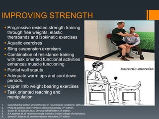 IMPROVING STRENGTH
 Progressive resisted strength training
through free weights, elastic
therabands and isokinetic exercises
 Aquatic exercises
 Sling suspension exercises
 Combination of resistance training
with task oriented functional activities
enhances muscle functioning
 Partial wall sqauts
 Adequate warm ups and cool down
periods.
 Upper limb weight bearing exercises
 Task oriented reaching and
manipulation
1. Gowrishankar potturi; physiotherapy in neurological conditions; CBS publishers.
2. Philip B gorelick.et.al; Hankey’s clinical neurology; 2nd edition.
3. Susan B. O’Sullivan.et.al; physical rehabilitation; th edition.
4. A.k.agarwal.et.al; recent concepts in stroke; indian college of physicians.
5. James F. toole.et.al; cerebrovascular disorders; 5th edition.
 