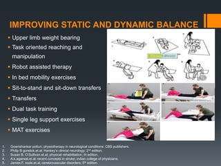 IMPROVING STATIC AND DYNAMIC BALANCE
 Upper limb weight bearing
 Task oriented reaching and
manipulation
 Robot assisted therapy
 In bed mobility exercises
 Sit-to-stand and sit-down transfers
 Transfers
 Dual task training
 Single leg support exercises
 MAT exercises
1. Gowrishankar potturi; physiotherapy in neurological conditions; CBS publishers.
2. Philip B gorelick.et.al; Hankey’s clinical neurology; 2nd edition.
3. Susan B. O’Sullivan.et.al; physical rehabilitation; th edition.
4. A.k.agarwal.et.al; recent concepts in stroke; indian college of physicians.
5. James F. toole.et.al; cerebrovascular disorders; 5th edition.
 