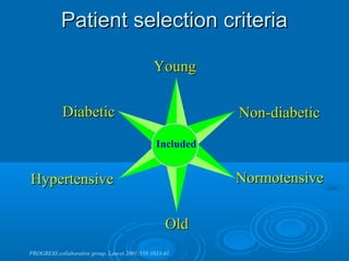 Patient selection criteria

                                               Young

            Diabetic                                       Non-diabetic
                                                Included


Hypertensive                                               Normotensive

                                                   Old
PROGRESS collaborative group. Lancet 2001;358:1033-41.
 