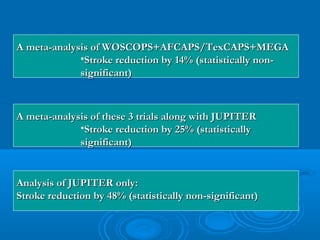 A meta-analysis of WOSCOPS+AFCAPS/TexCAPS+MEGA
             •Stroke reduction by 14% (statistically non-
             significant)



A meta-analysis of these 3 trials along with JUPITER
             •Stroke reduction by 25% (statistically
             significant)


Analysis of JUPITER only:
Stroke reduction by 48% (statistically non-significant)
 