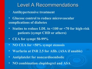 Level A Recommendations
• Antihypertensive treatment
• Glucose control to reduce microvascular
complications of diabetes
• Statins to reduce LDL to <100 or <70 for high-risk
     patients (sympt CHD or athero)
• CEA for sympt 50-99%
• NO CEA for <50% sympt stenosis
• Warfarin at INR 2.5 for Afib. (ASA if unable)
• Antiplatelet for noncardioembolic
• NO combination clopidogrel and ASA
 