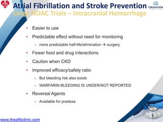 • Easier to use
• Predictable effect without need for monitoring
– more predictable half-life/elimination  surgery
• Fewer food and drug interactions
• Caution when CKD
• Improved efficacy/safety ratio
– But bleeding risk also exists
– WARFARIN BLEEDING IS UNDER/NOT REPORTED
• Reversal Agents
– Available for pradaxa
Atrial Fibrillation and Stroke Prevention
Large NOAC Trials – Intracranial Hemorrhage
www.theafibclinic.com
 
