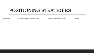 POSITIONING STRATEGIES
In supine In side lying on normal side In side lying affected side Sitting
 