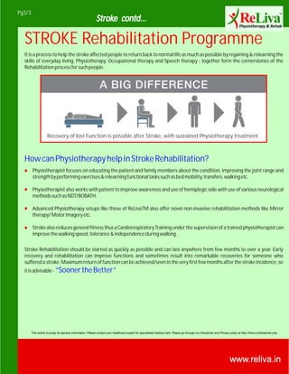 www.reliva.in
Pg3/3
Stroke contd...
STROKE Rehabilitation Programme
It is a process to help the stroke affected people to return back to normal life as much as possible by regaining & relearning the
skills of everyday living. Physiotherapy, Occupational therapy and Speech therapy - together form the cornerstones of the
Rehabilitationprocessforsuchpeople.
Stroke Rehabilitation should be started as quickly as possible and can last anywhere from few months to over a year. Early
recovery and rehabilitation can improve functions and sometimes result into remarkable recoveries for someone who
suffered a stroke. Maximum return of function can be achieved/seen in the very first few months after the stroke incidence, so
itisadvisable-
HowcanPhysiotherapyhelpinStrokeRehabilitation?
“SoonertheBetter”
This article is purely for general information. Please contact your healthcare expert for specialised medical care. Please go through our Disclaimer and Privacy policy at http://reliva.in/disclaimer.php
Physiotherapist focuses on educating the patient and family members about the condition, improving the joint range and
strengthbyperformingexercises&relearningfunctionaltaskssuchasbedmobility,transfers,walkingetc.
Physiotherapist also works with patient to improve awareness and use of hemiplegic side with use of various neurological
methodssuchasNDT/BOBATH.
Advanced Physiotherapy setups like those of ReLivaTM also offer novel non-invasive rehabilitation methods like Mirror
therapy/MotorImageryetc.
StrokealsoreducesgeneralfitnessthusaCardiorespiratory Trainingunderthesupervisionofatrainedphysiotherapistcan
improvethewalkingspeed,tolerance&independenceduringwalking.
Recovery of lost Function is possible after Stroke, with sustained Physiotherapy treatment
 