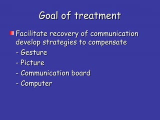 Goal of treatmentGoal of treatment
Facilitate recovery of communicationFacilitate recovery of communication
develop strategies to compensatedevelop strategies to compensate
- Gesture- Gesture
- Picture- Picture
- Communication board- Communication board
- Computer- Computer
 