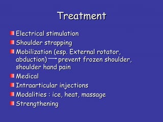 TreatmentTreatment
Electrical stimulationElectrical stimulation
Shoulder strappingShoulder strapping
Mobilization (esp. External rotator,Mobilization (esp. External rotator,
abduction) prevent frozen shoulder,abduction) prevent frozen shoulder,
shoulder hand painshoulder hand pain
MedicalMedical
Intraarticular injectionsIntraarticular injections
Modalities : ice, heat, massageModalities : ice, heat, massage
StrengtheningStrengthening
 
