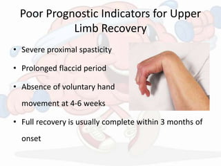 Poor Prognostic Indicators for Upper
Limb Recovery
• Severe proximal spasticity
• Prolonged flaccid period
• Absence of voluntary hand
movement at 4-6 weeks
• Full recovery is usually complete within 3 months of
onset
 