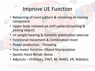 Improve UE Function
• Relearning of movt pattern & retraining of missing
component
• Upper body initiated wt shift pattern[reaching &
picking object]
• UL weight bearing & Dynamic stabilization exercise
• Functional movement & Combination movt
• Power production - Throwing
• Fine motor function- Object Manipulation
• Spastic Hand Rehab- Botox
• Adjuncts – Orthoses, CIMT, BF, NMES, VR, Robotics
 